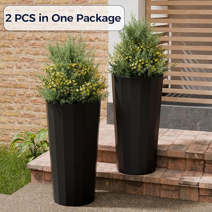 23.6" Tall Planters for Outdoor Plants, Large Outdoor Planters for Porch Decor with Drainage Hole, Wide Stripe Design Flower Pots Fits Indoor Plants Patio/Garden, Plastic Black (2 Pack)