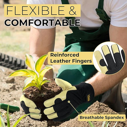 HANDLANDY Men Leather Gardening Gloves, Utility Work Gloves for Mechanics, Construction, Driver