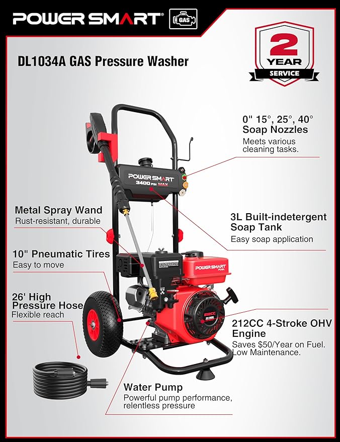 PowerSmart Gas Pressure Washer, 3400 PSI 2.5 GPM, 212CC, with Onboard Soap Tank, Metal Spray Wand, 5 Nozzles for Houses, Driveways, Walls, Cars, Fences, Patios