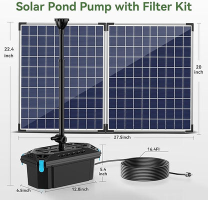 NFESOLAR Pond Filter Fountain with 50W Solar Panel, 580 GPH Water Pump, 10 FT Extension Cord, Solar Fountain Pump with Pond Filter Box Outdoor for Koi Ponds Water Feature Waterfall Pool