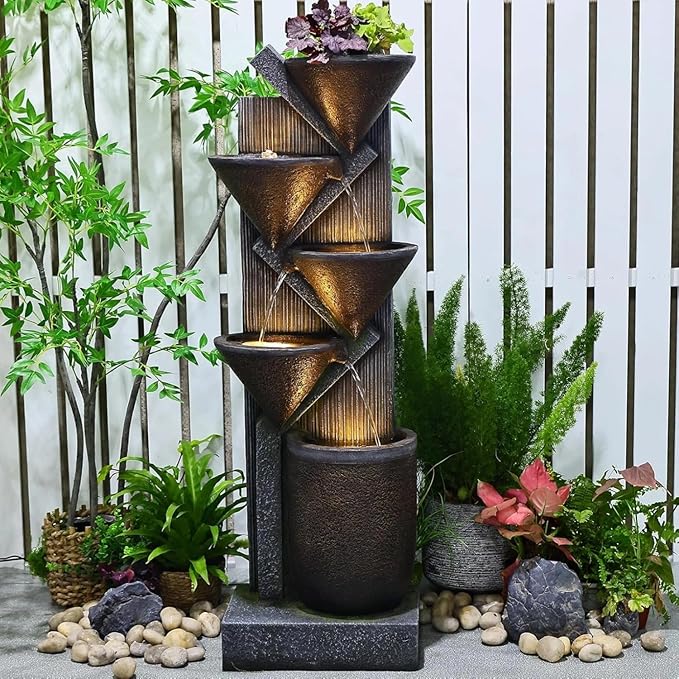 49.6" H Water Fountain Outdoor with LED Lights & Pump, 5-Tier Cascading Outdoor Fountain for Garden,Patio,Porch,Backyard,Home Art Decor (Brown)