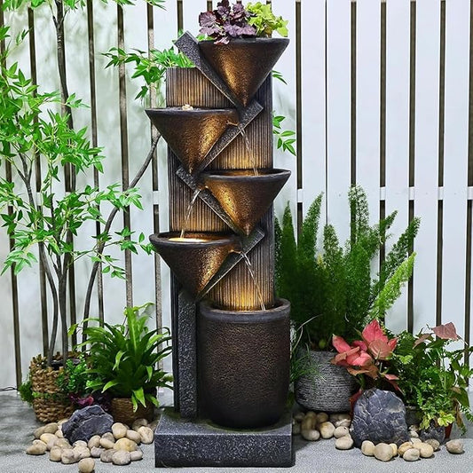 49.6" H Water Fountain Outdoor with LED Lights & Pump, 5-Tier Cascading Outdoor Fountain for Garden,Patio,Porch,Backyard,Home Art Decor (Brown)