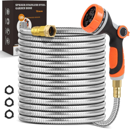 Metal Garden Hose 100 ft, Stainless Steel Water Hose 100ft with 10 Function Nozzle & 3/4 Copper Fitting, Heavy Duty & Flexible, Kink Free & Lightweight for Yard, Outdoor, Lawn, Patio & Car