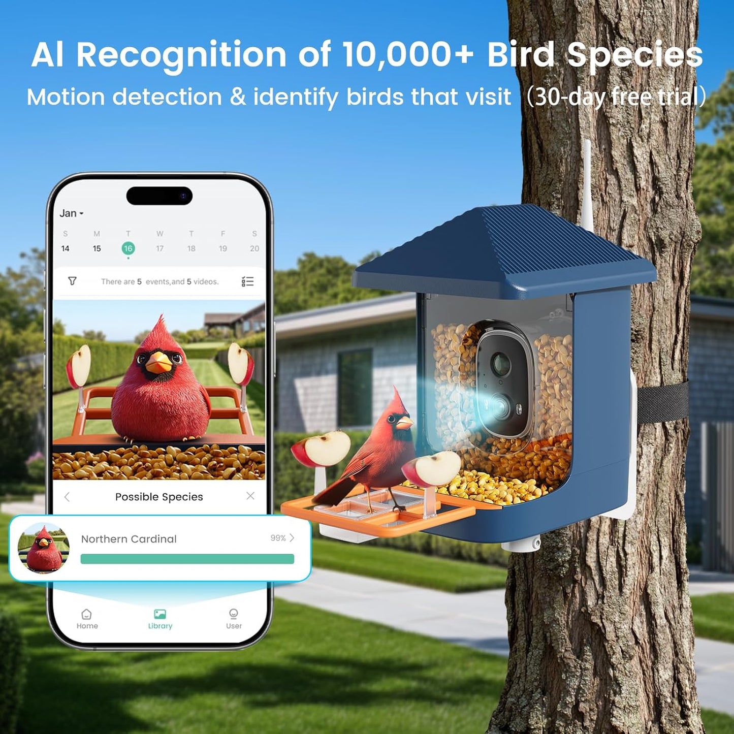 Smart Bird Feeder with Camera, Solar Powered Bird Feeders for Outdoors, 1.8L 2K AI Identify 10,000+ Birds Species, Birds Feeder Camera IP65 Instant Notification, Ideal Gift for Avian Lovers