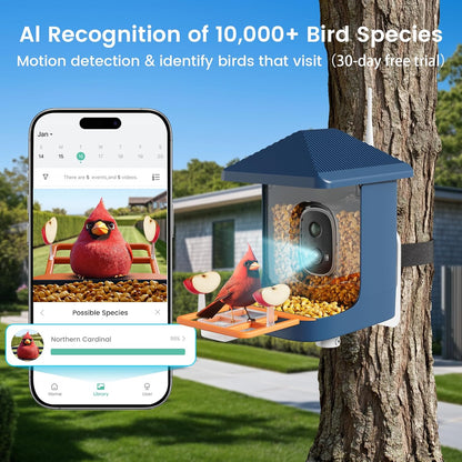 Smart Bird Feeder with Camera, Solar Powered Bird Feeders for Outdoors, 1.8L 2K AI Identify 10,000+ Birds Species, Birds Feeder Camera IP65 Instant Notification, Ideal Gift for Avian Lovers