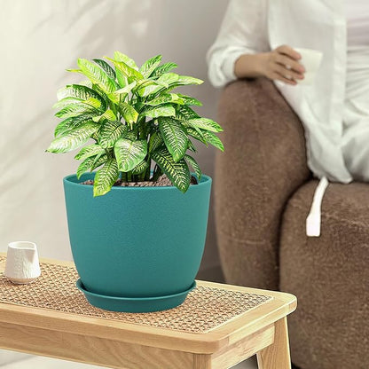 9/8/7.5 inch Flower Pots, 3 Pack Modern Plastic Planters with Drainage Holes and Trays for House Plants, Plant Pots for Indoor Outdoor Plants, Blue Green