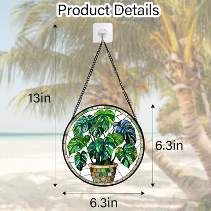 Stained Glass Window Hanging, Green Plant Monstera t Suncatcher Diamond Colorful Glass Panel Sun Catchers Decor for Birthday for Women, Men, Wife, Aunt, and Mom 6.3 in