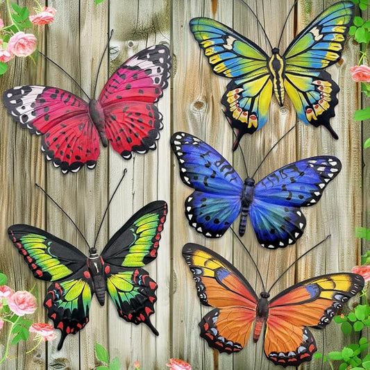 EOORAU Metal Butterfly Wall Outdoor Decor - 5 Pack Metal Butterflies Wall Art Sculpture Hanging Decor for Home Yard Patio Garden Decorations