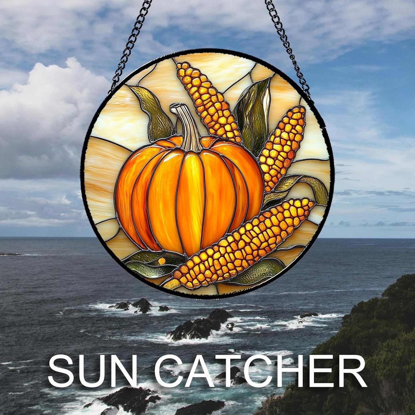 Stained Glass Window Hanging Autumn Harvest Pumpkin Corn 6.3" - Suncatcher Door Garden Kitchen Sunroom Sun Catcher Fall Home Decor Birthday for Mom Grandma Men Woman