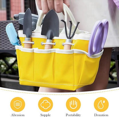 Small Garden Tote Bag Oxford Waterproof with 8 Pockets Gardening Plant Tool Organizer Storage Carrier Store for Outdoor Children (Yellow)