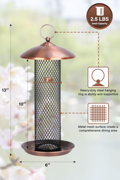 Gtongoko Bird Feeder for Outside, Metal Mesh Tube Bird Feeders 2.5 lbs for Sunflower Seeds or Mealworm, Large Capacity, Copper, 1 Pack