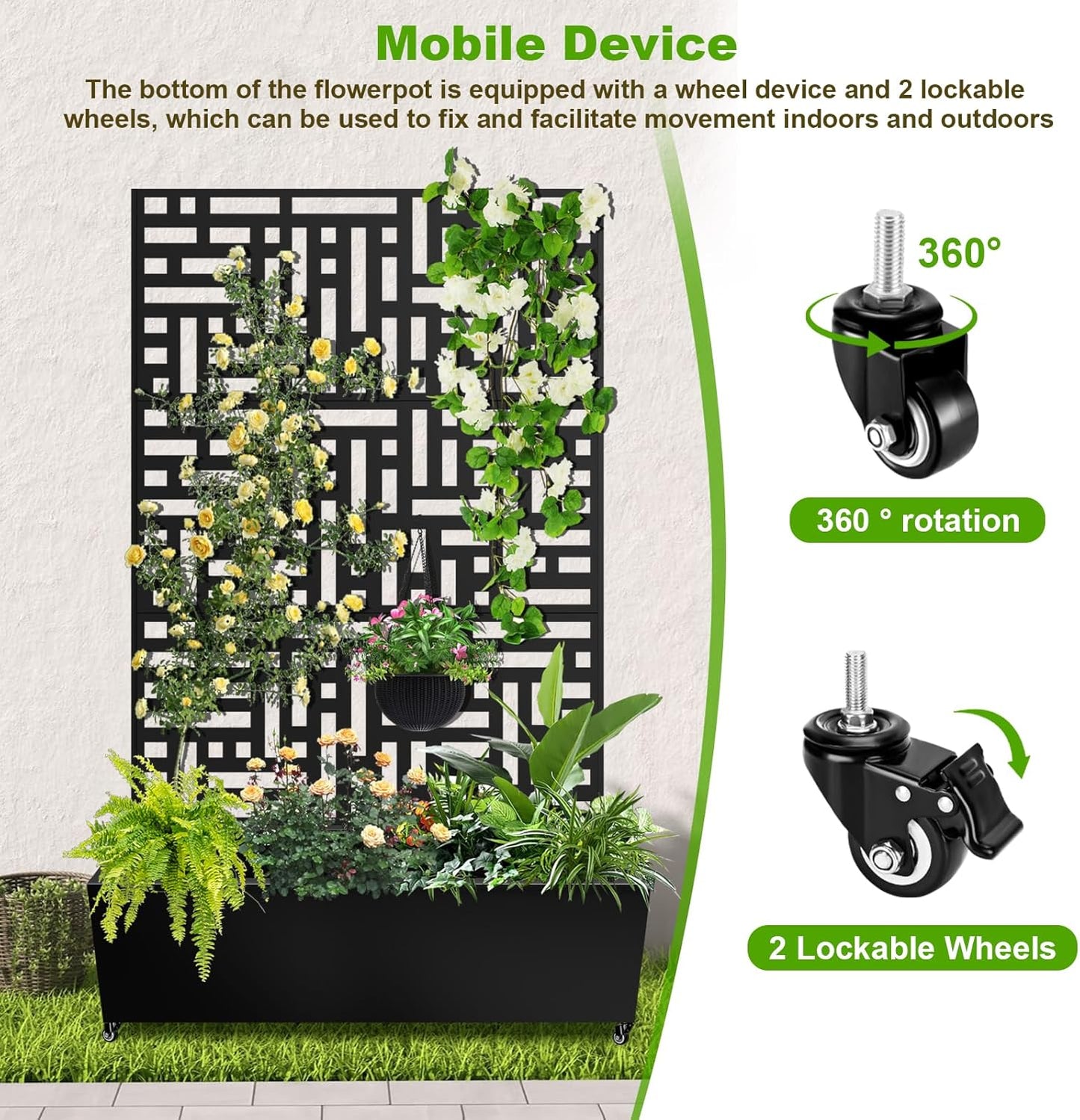 Metal Planter Box with Trellis, 72"x47"x16" Metal Raised Garden Bed with Trellis, Trellis Planter Box with Drainage Holes & Lockable Casters for Climbing Plants, Vegetables, and Vines