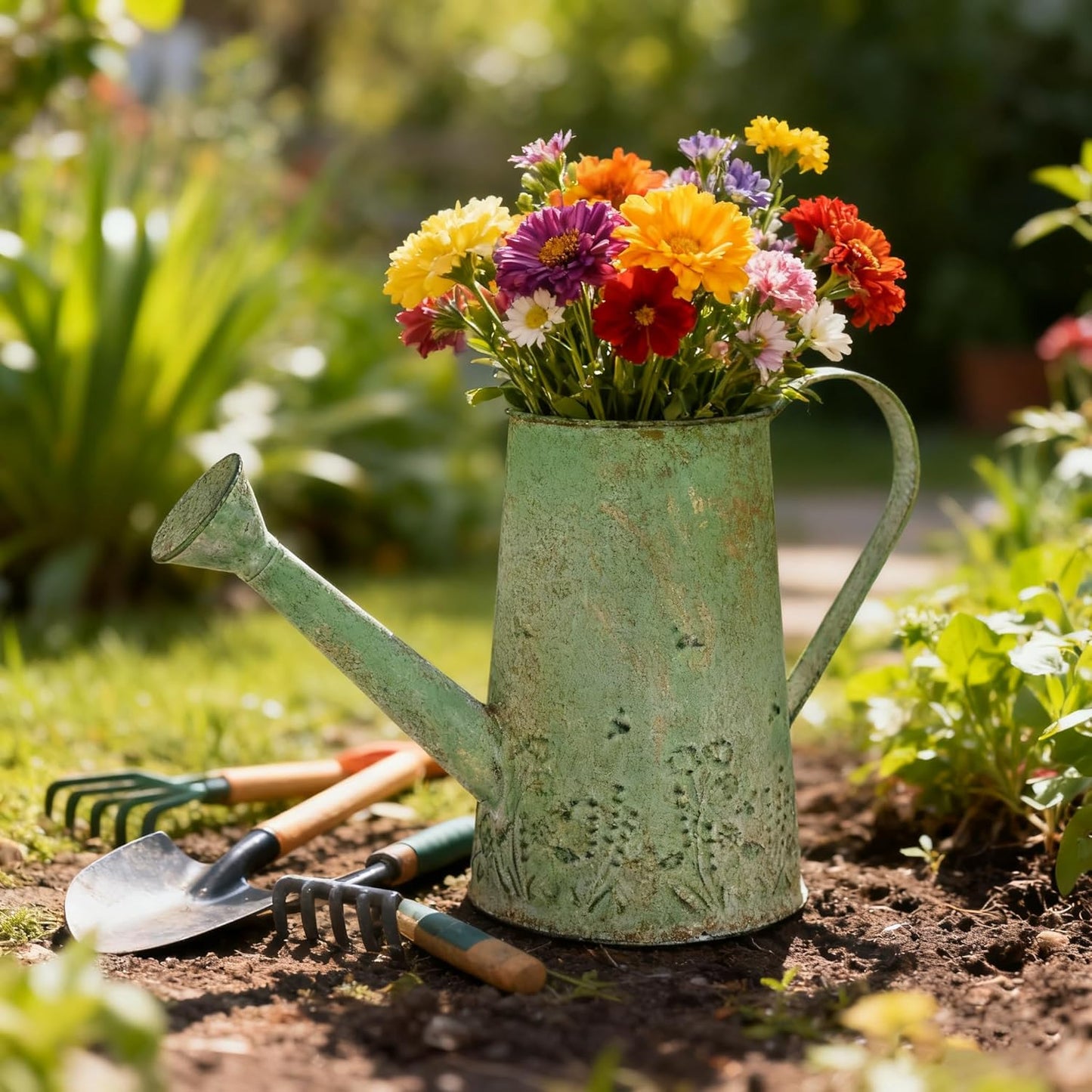 Vintage Metal Watering Can with Handle Rustic Farmhouse Watering Can Flower Pot Distressed Decorative Planter Retro Gardening Flower Bucket for Home Indoor Outdoor Garden Balcony Courtyard(Green#2)