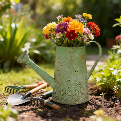 Vintage Metal Watering Can with Handle Rustic Farmhouse Watering Can Flower Pot Distressed Decorative Planter Retro Gardening Flower Bucket for Home Indoor Outdoor Garden Balcony Courtyard(Green#2)