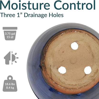 Sunnydaze Large Ceramic Plant Pot - Round Outdoor Glazed Ceramic Planter Pot with Drainage - Chalet - Imperial Blue - 14.5"