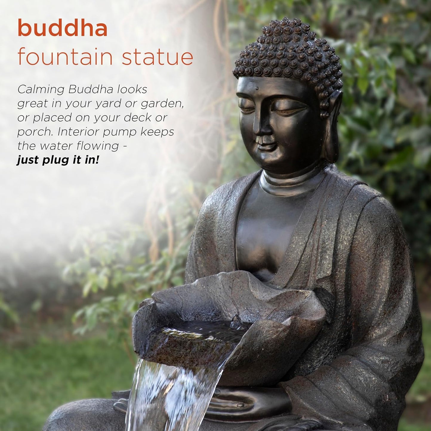 Alpine Corporation WIN1170 53" Outdoor Floor Calming Buddha Statue Waterfall Fountain – Realistic Stone Look, Water Feature for Garden, Patio, Yard, and Outdoor Spaces, Gray