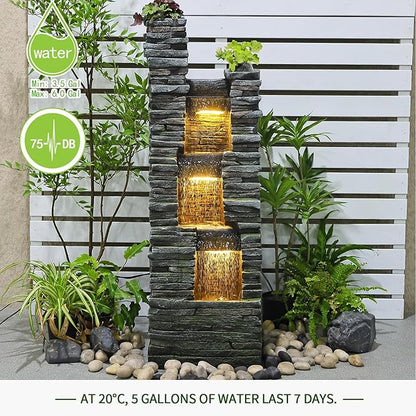 47 in High Water Fountain Outdoor Garden 3 Tier Cascading Large Outdoor Fountains and Waterfalls with LED Lights for Garden, Patio, Backyard, Deck, Porch and Home Art Decor, Natural Stones