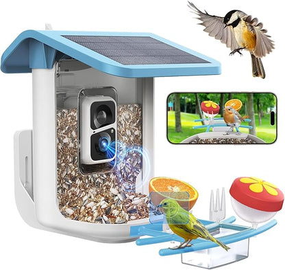 Smart Bird Feeder with Camera, Solar Bird Feeder - 2K HD Live Video Camera AI Identify Birds, Visible Window Auto Capture -Instant Arrival Alerts, Birds Lover Gifts (Blue)