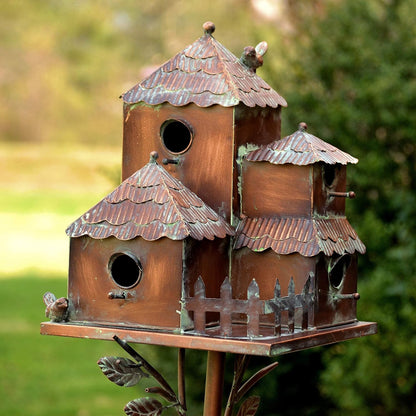 Large Copper Colored Multi-Birdhouse Stakes, Room for 4 Bird Families in Each (Cube Homes with Pyramid Roofs)