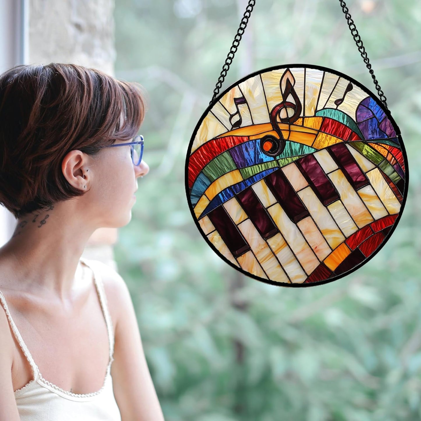 Stained Glass Window Hanging, Piano Notes Sun Catchers Glass Panel Suncatcher Decor for Birthday for Women, Men, Wife, Aunt, and Mom 14.9x14.9 in