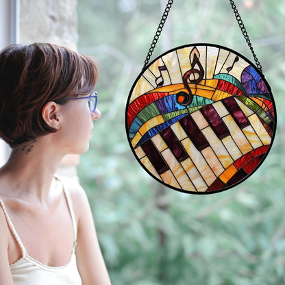 Stained Glass Window Hanging, Piano Notes Sun Catchers Glass Panel Suncatcher Decor for Birthday for Women, Men, Wife, Aunt, and Mom 14.9x14.9 in