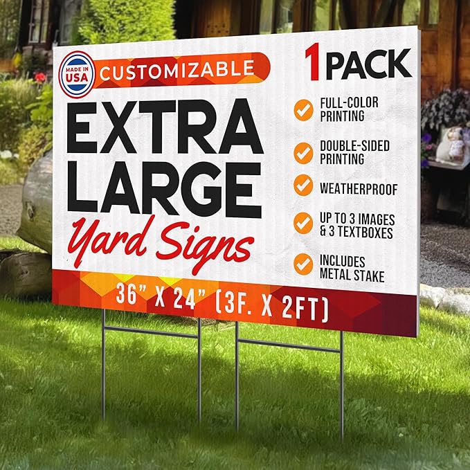 36"x24" Custom Yard Signs with Stakes Personalized Yard Signs with Full Color Print and Text Large Custom Outdoor Signs, for Business (1)