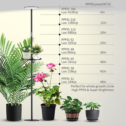 chiphy Grow Lights, Full Spectrum Plant Light for Indoor Plants, 4/8/12H Timer, 40W All Metal Floor Grow Lamp, 10 Dimmable Brightness, 69" Tall with Tray, Remote Control, Ideal for Large Tall Plants
