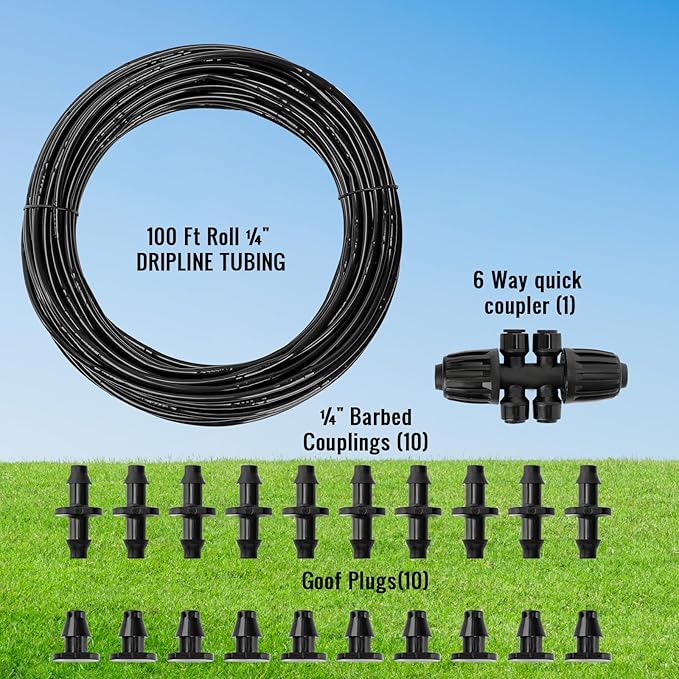 MIXC 1/4" Irrigation Dripline Tubing (100 Ft Roll) with 6" Emitter Spacing - 1/4" Drip Irrigation Fittings Included (Black)