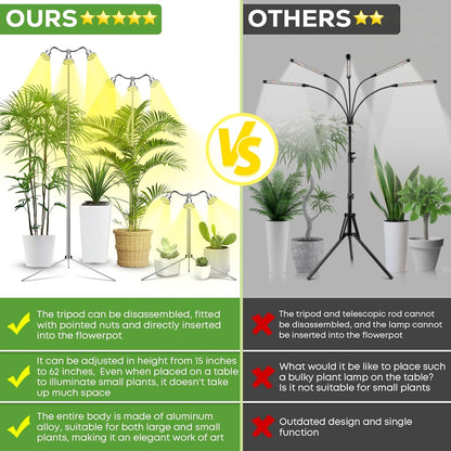 Full Spectrum Grow Lights for Indoor Plants 15-62 Inches Height Adjustable Aluminum Alloy Plant Growing Lamps with Detachable Tripod Stand, Auto On/Off Timer (Full Spectrum, Three Heads)