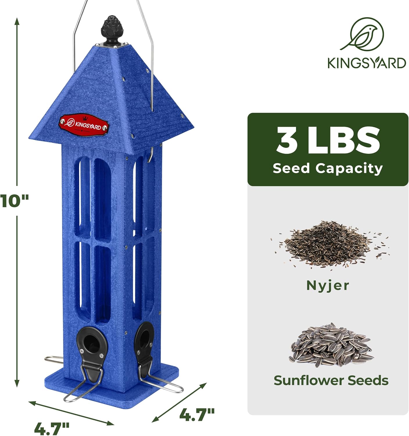 Kingsyard Rainproof Bird Feeder for Outdoor Hanging, Recycled Plastic Wild Bird Feeder with 4 Metal Ports, 3 lbs Large Capacity, Garden Yard Decorations for Bluebird Finches, Blue