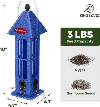 Kingsyard Rainproof Bird Feeder for Outdoor Hanging, Recycled Plastic Wild Bird Feeder with 4 Metal Ports, 3 lbs Large Capacity, Garden Yard Decorations for Bluebird Finches, Blue