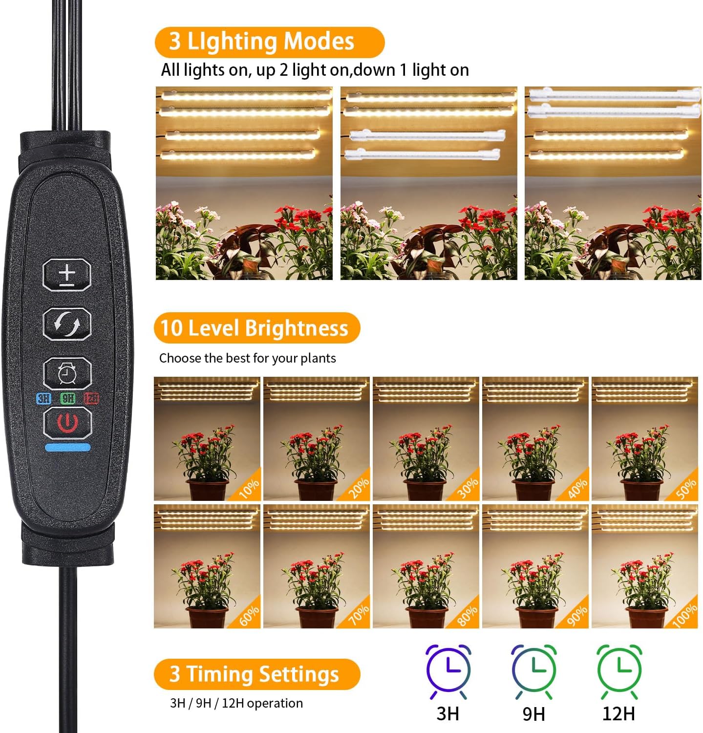 8.6'' LED Plant Growing Light Strips, Full Spectrum 3500K Grow Light for Indoor Plants with 3/9/12H Timer, 10 Dimmable Levels for Seedling Succulent and Plant Shelf, 4 Head 2 Pack