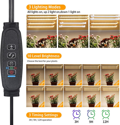 8.6'' LED Plant Growing Light Strips, Full Spectrum 3500K Grow Light for Indoor Plants with 3/9/12H Timer, 10 Dimmable Levels for Seedling Succulent and Plant Shelf, 4 Head 2 Pack