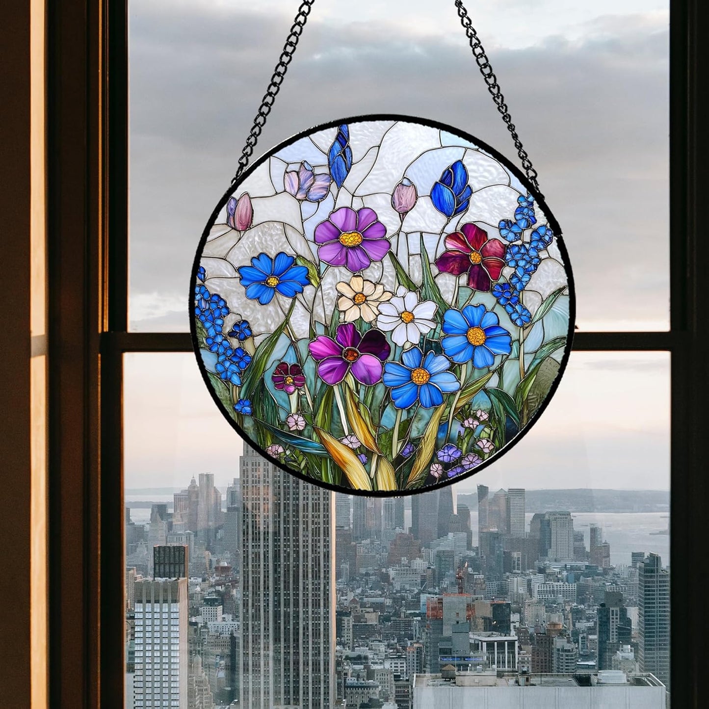 Stained Glass Window Hanging Blue Purple Wildflowers Large 15" - Suncatcher Door Garden Sunroom Sun Catcher Home Decor Birthday Christmas for Mom Men Woman Nana Friend
