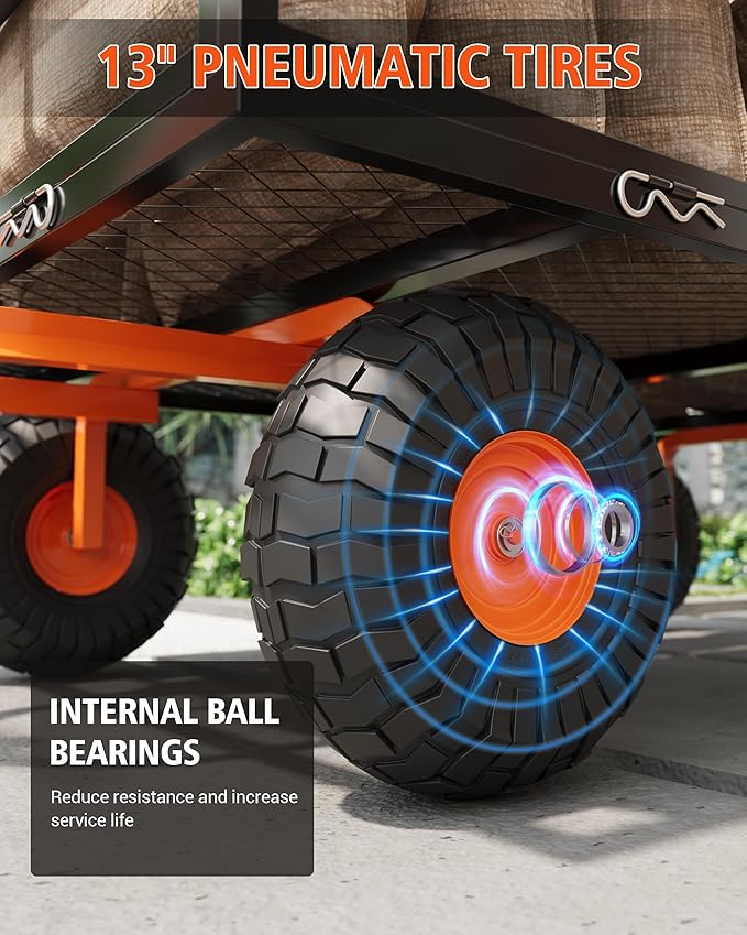 Versatile Garden Cart for Lawn and Yard with Heavy Duty Steel, 1200 Lbs Capacity Mesh Steel Garden Cart Folding Utility Wagon with Removable Side Panels, Long Handle, 10" Tires - Black and Orange