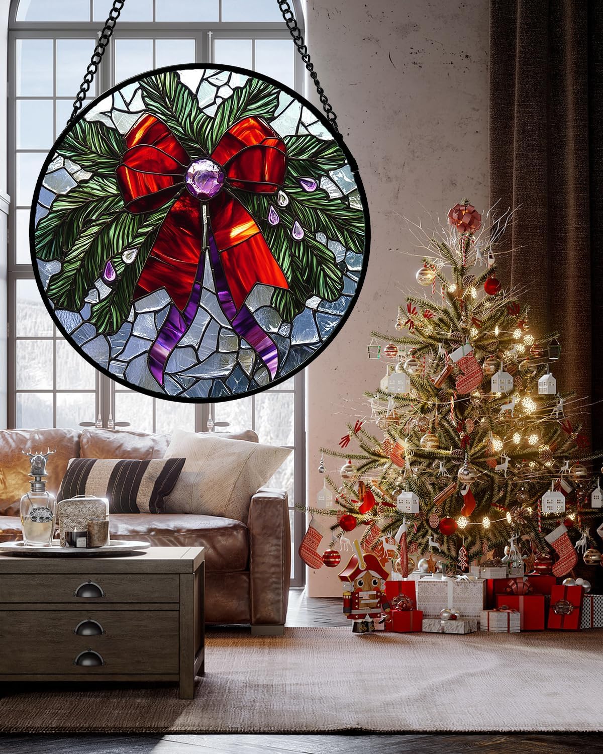 Stained Glass Window Hanging - Purple Gem Christmas Wreath Suncatcher for Doors Home Christmas Decoration Winter Sun Catcher Thanksgiving New Year Birthday Gifts for Women Men Mom Nana 6.3 in