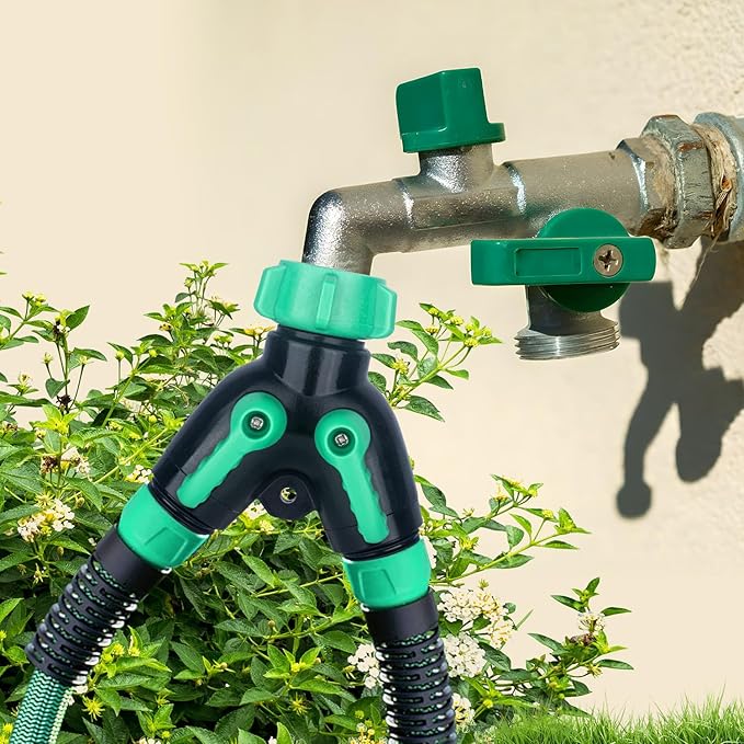 Garden Hose Splitter 2 Way Heavy Duty Plastic, for 3/4" Water Hose Splitter, Hose Y Splitter with Shutoff, Comfortable Grip, Easy Installation, with 2 Extra Leakproof Rubber Washers 1 Tape