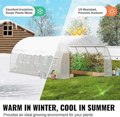 VEVOR Walk-in Tunnel Greenhouse, 19.4x9.7x6.5 ft Hoop House Greenhouse Tunnel, Plant Hot House with Galvanized Steel Frame, White PE Cover, Roll-up Zipper Door and 12 Windows for Outdoor