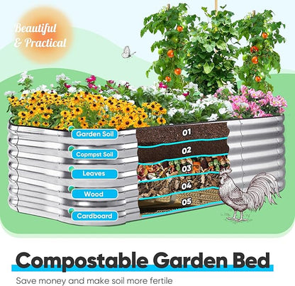 Quictent Raised Garden Bed Kit Oval Galvanized Metal Planter Box Tall for Vegetables Outdoor Backyard, Rubber Strip Edging Included, Silver 6x3x2 ft