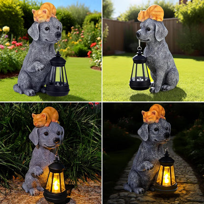 ILLUMINEW Solar Dog Garden Statue with Lantern and Sleeping Cat – Resin Pet Figurine Light for Outdoor Yard Decor, Gifts for Women, Mom, Grandma