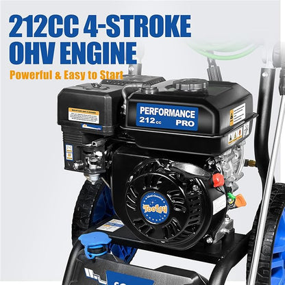 TOOLCY Gas Pressure Washer 3400 PSI & 2.8 GPM Max, High-Powered 212cc Engine, Enhanced Pump, 50FT Pressure Hose, Onboard Soap Tank, Foldable Handle, Kink-Less Swivel Spray Gun & 5 Nozzle Tips
