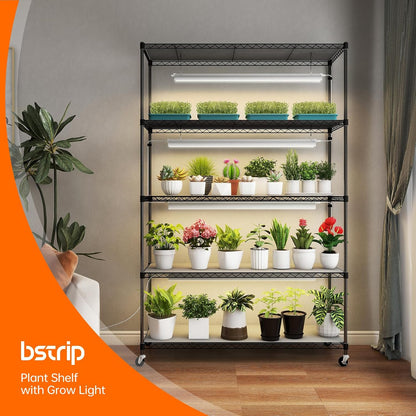 Bstrip Plant Shelf with Grow Lights, 5 Tier Large Tall Plant Stand with 3FT T5 144w Grow Light for Indoor Plants, 3 Mode Full Spectrum LED Plant Light with wheel and Timer for Seedling, 47.2x17.8x71IN