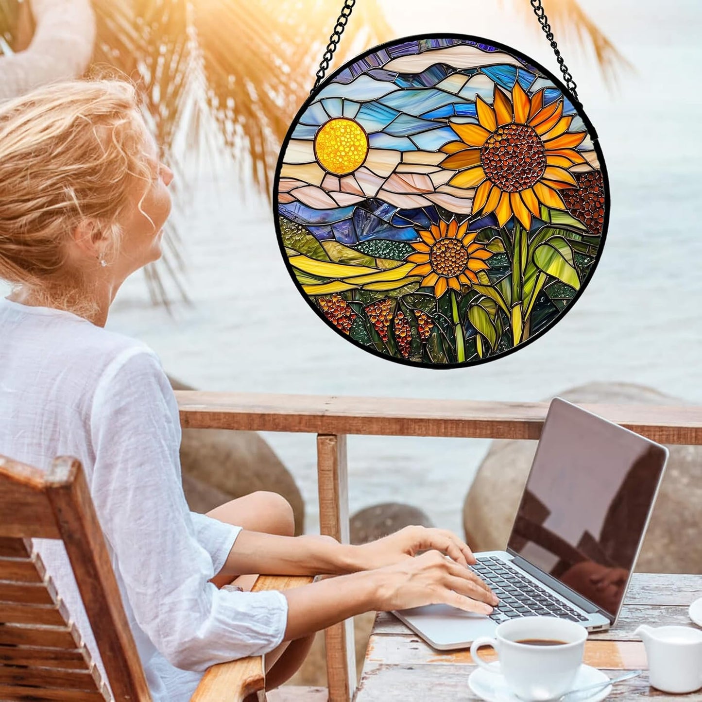 Stained Glass Suncatcher, Sunflower Flowers Landscape Sun Catcher Plant Mountains Stain Glass Window Hanging Decoration Mother's Day Birthday Gifts for Women Men Mom Nana 6.3 in