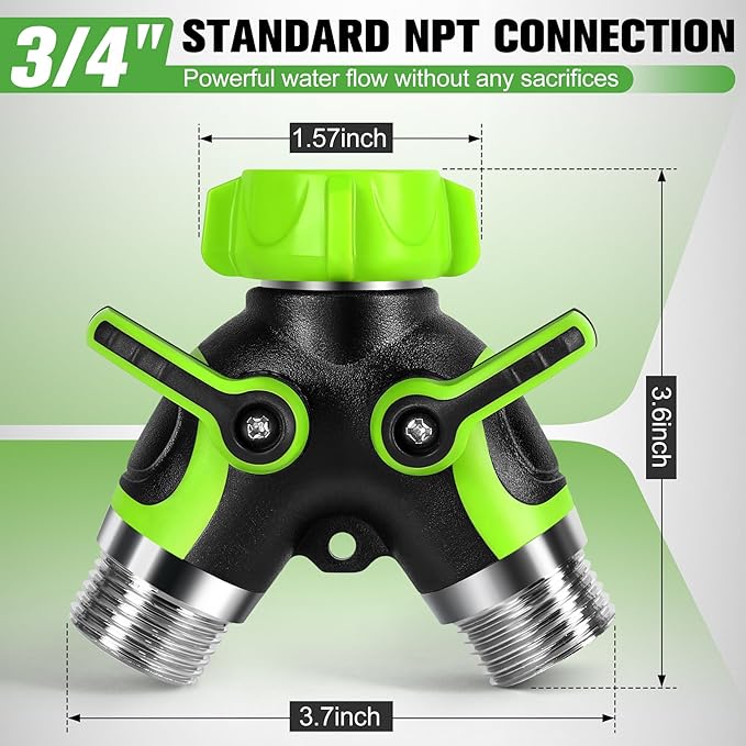 Garden Hose Spiltter, 2 Way Y Spigot Adapter with Shutoff Valves, Heavy Duty Metal Body Outdoor Faucet Connector, Leakproof 3/4" GHT Thread Hose Bib Splitter with 2 Extra Rubber Washers & Tape