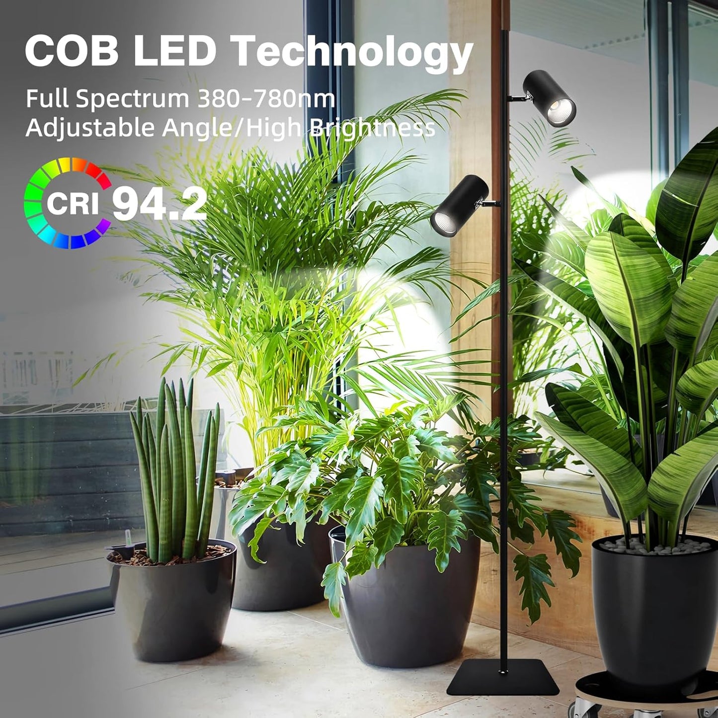 60W Dimmable Grow Light, Full Spectrum COB LED Dual-Head Floor Lamp with High CRI, 6/8/12H Timer, Adjustable Height (37"-77") & Angle – Standing Grow Lights for Indoor Plants (Daylight 6000K)