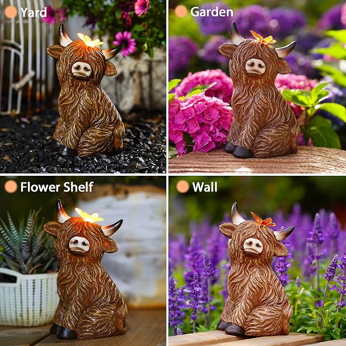 Solar Garden Statue Highland Cow Figurine – Outdoor Decoration with Butterfly for Garden Yard Lawn Home Decor Outside : Unique Gifts for Mom Grandma