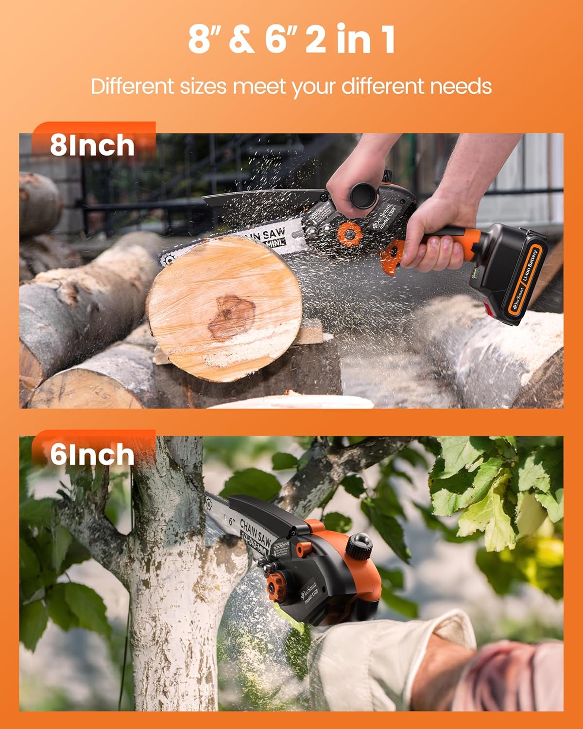 Mini Chainsaw Cordless, 8 inch & 6 inch Electric Chain Saw with 2 Pack Rechargeable Batteries, Battery Powered Handheld Saw Gardening Tools for Trees Branches Trimming Wood Cutting, Orange