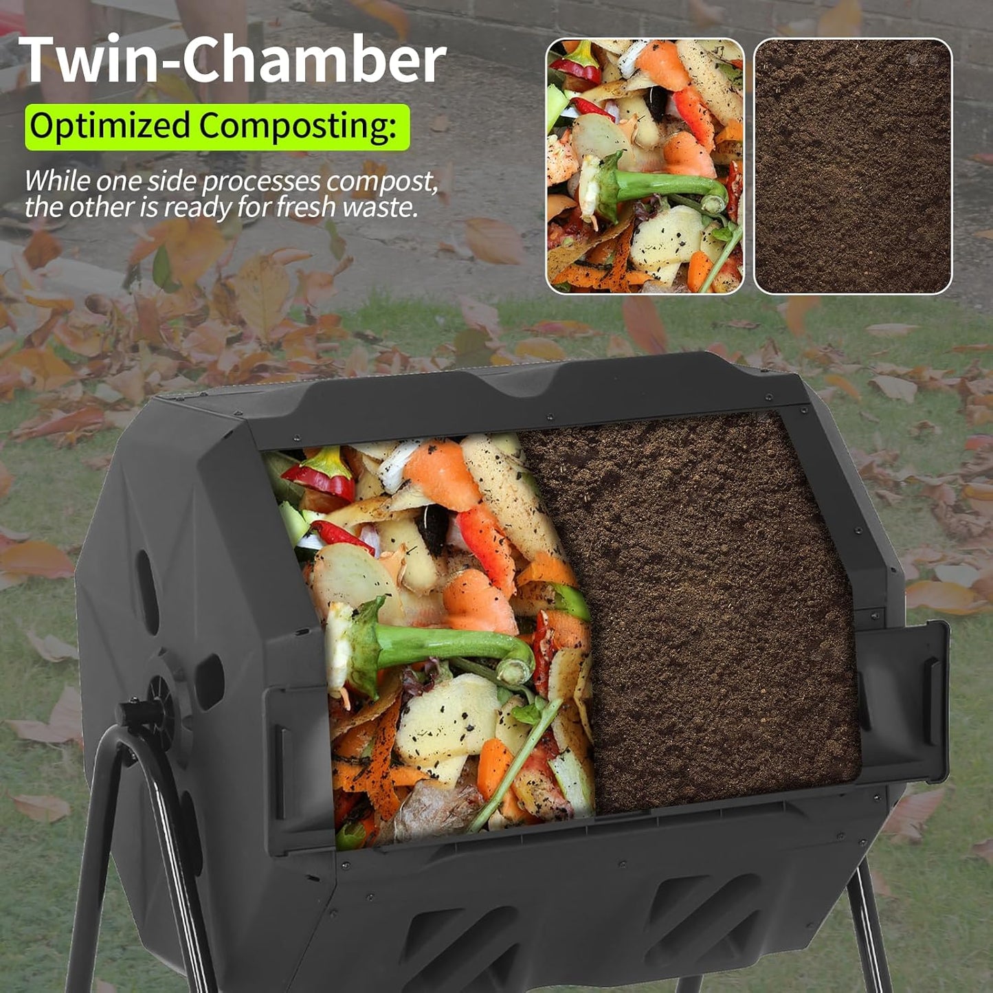 Outdoor Compost Bin 43 Gallon, Dual Chamber Tumbling Composter, Heavy-Duty Composting Bin for Garden, Kitchen, Yard, Kitchen Composter, Compost Bin Outdoor with Sliding Doors (Black)