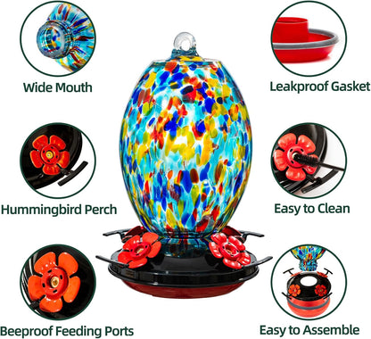 Muse Garden Glass Humming Bird Feeders for Outdoors - 27OZ Blown Glass Hummingbird Feeder - Unique Gift for Mom Women Grandparents, Outdoors Hanging Garden Decor, Ant Moat & Brush, Blue Polka Dots