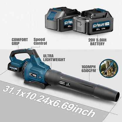 GEVEELIFE Leaf Blower Cordless, 650CFM & 3 Speed Levels, Electric Cordless Leaf Blower with 2 * 5.0Ah Battery Powered, Blowers for Lawn Care, Yard, Blowing Leaves, Dust, Snow